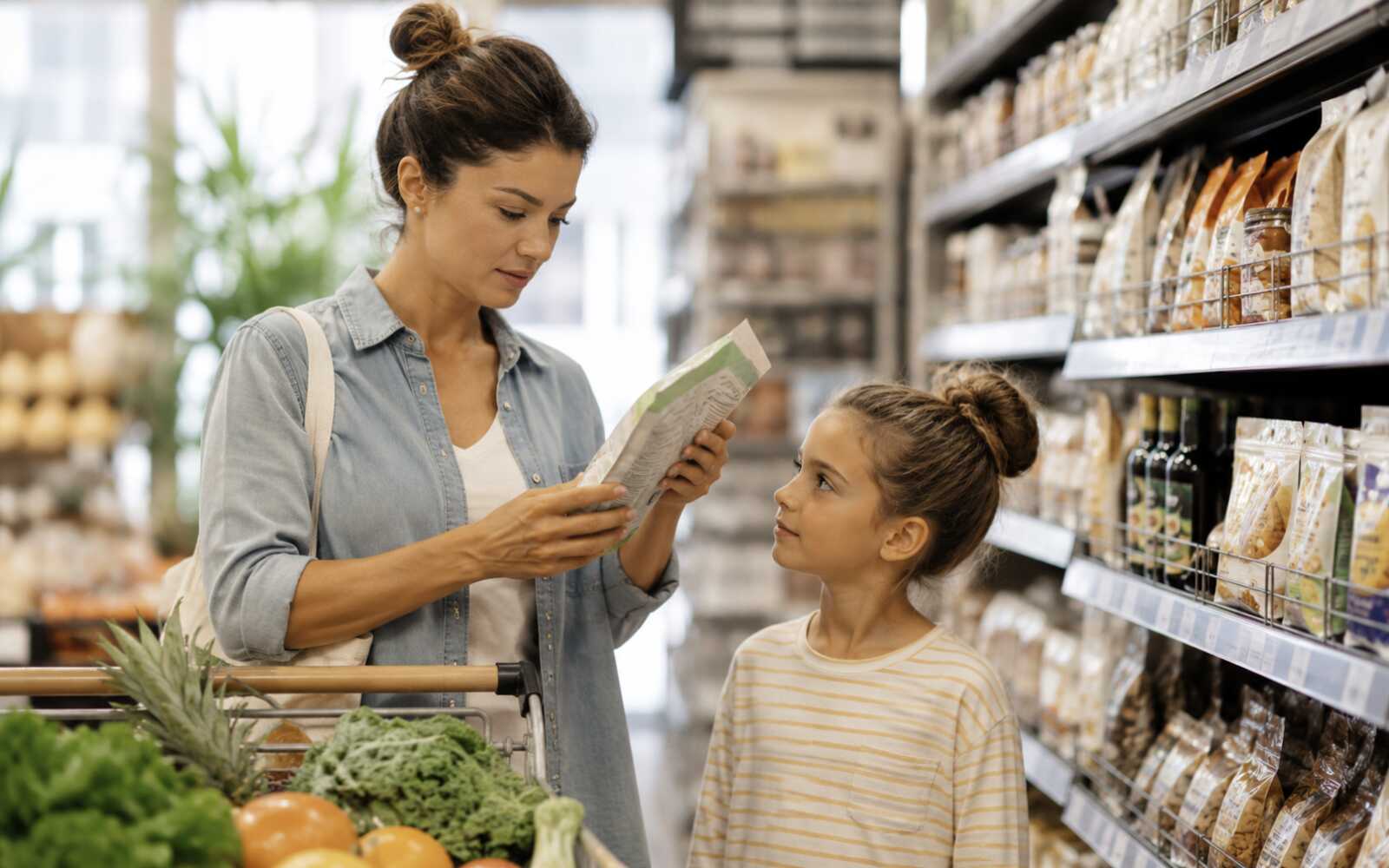 A mother reads the ingredient label on a packaged product while shopping with her daughter in a bright grocery store, highlighting informed food and wellness choices for families.