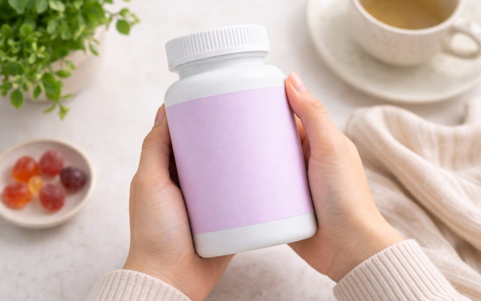 two hands are holding a blank vitamin bottle, the background has a teacup and a container with some sugar-coated vitamins