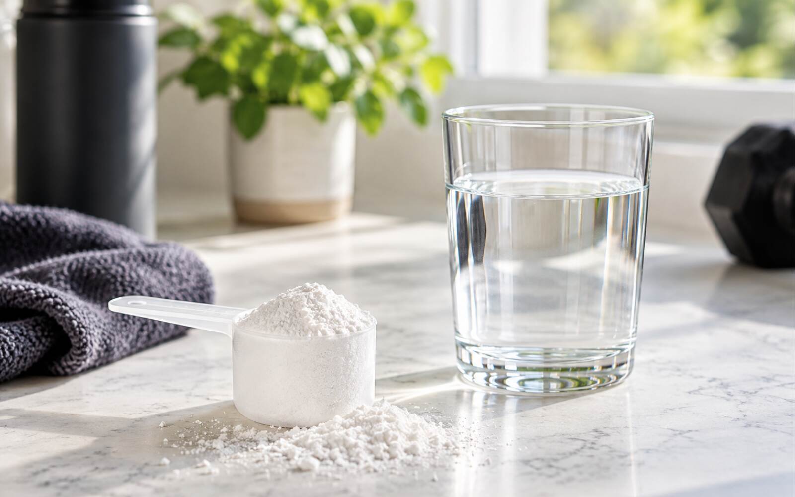 Creatine monohydrate powder beside a glass of water in a bright kitchen, representing a simple daily creatine routine.