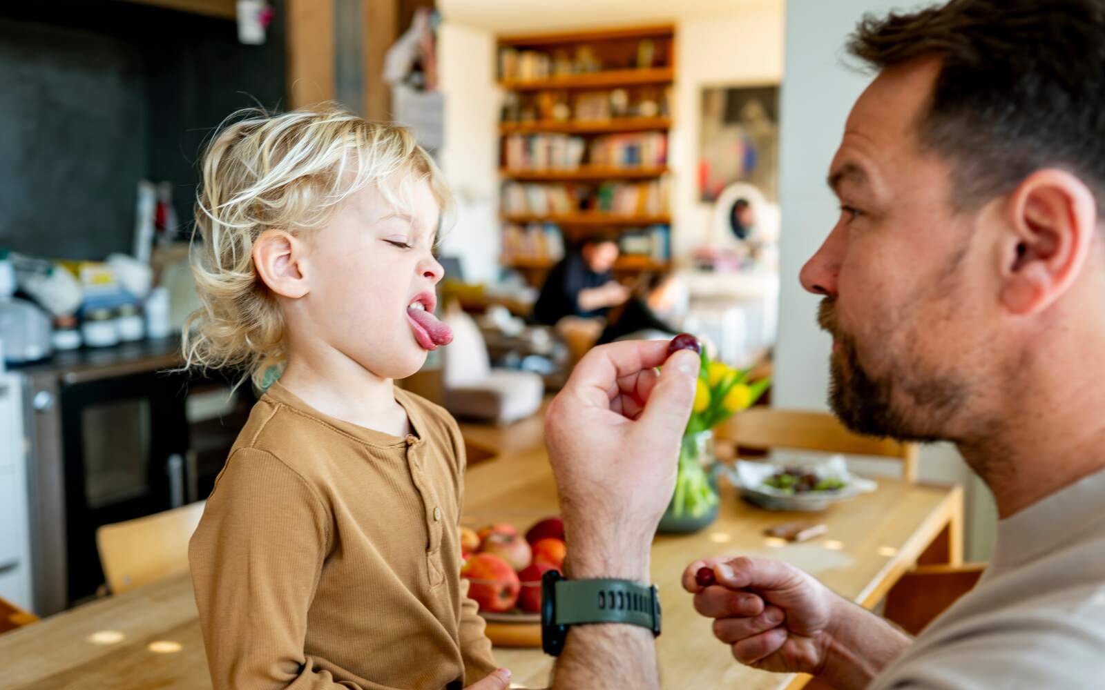 Toddler refusing food offered by his father at kitchen. The child is sticking their tongue out and making a disgusted face.