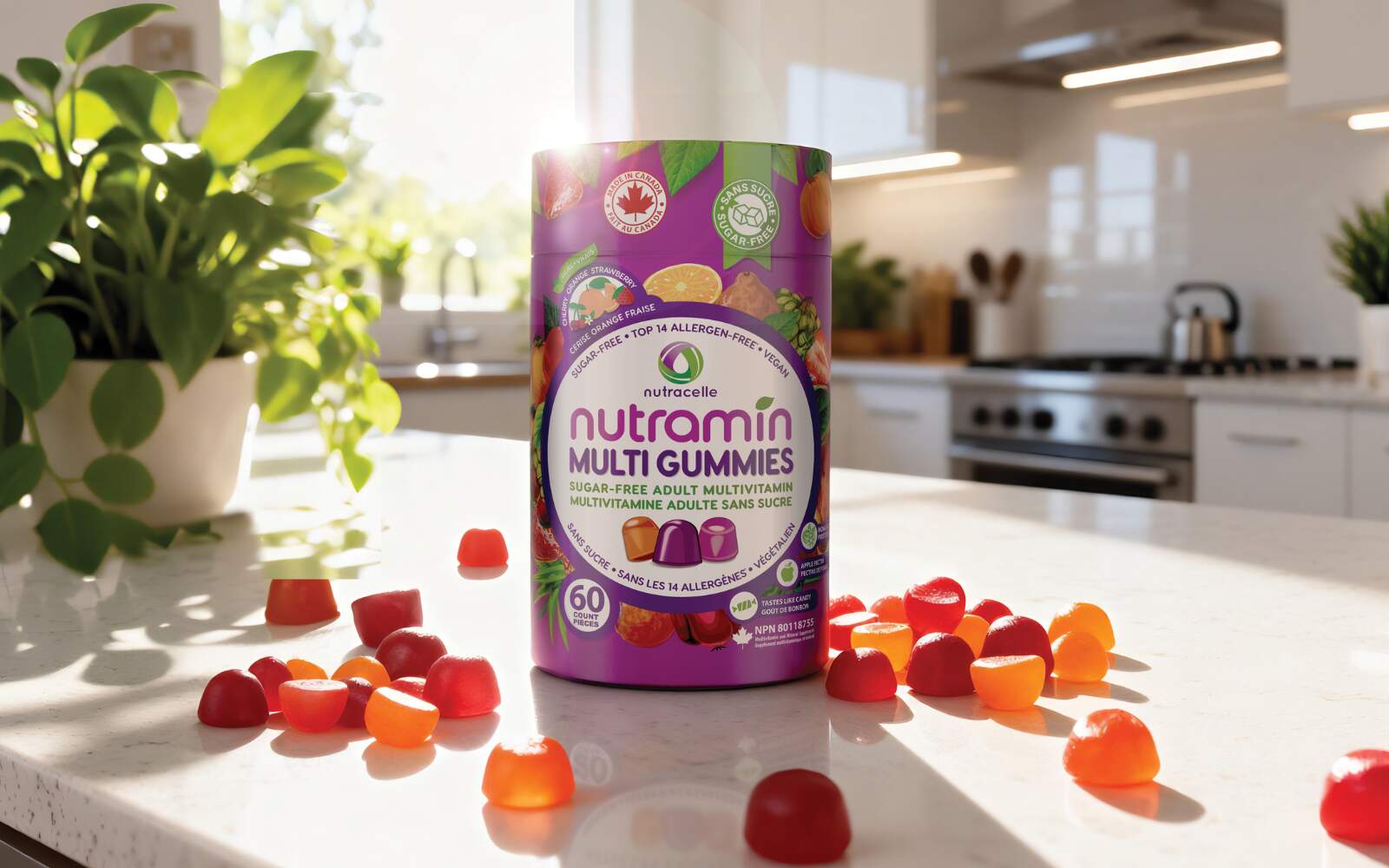 a container of nutramin adult multivitamins is sitting on a white counter in a bright beautiful kitchen. the sun rays are illuminating the vitamins and making them look even yummier with their bright reds, oranges and pinks.