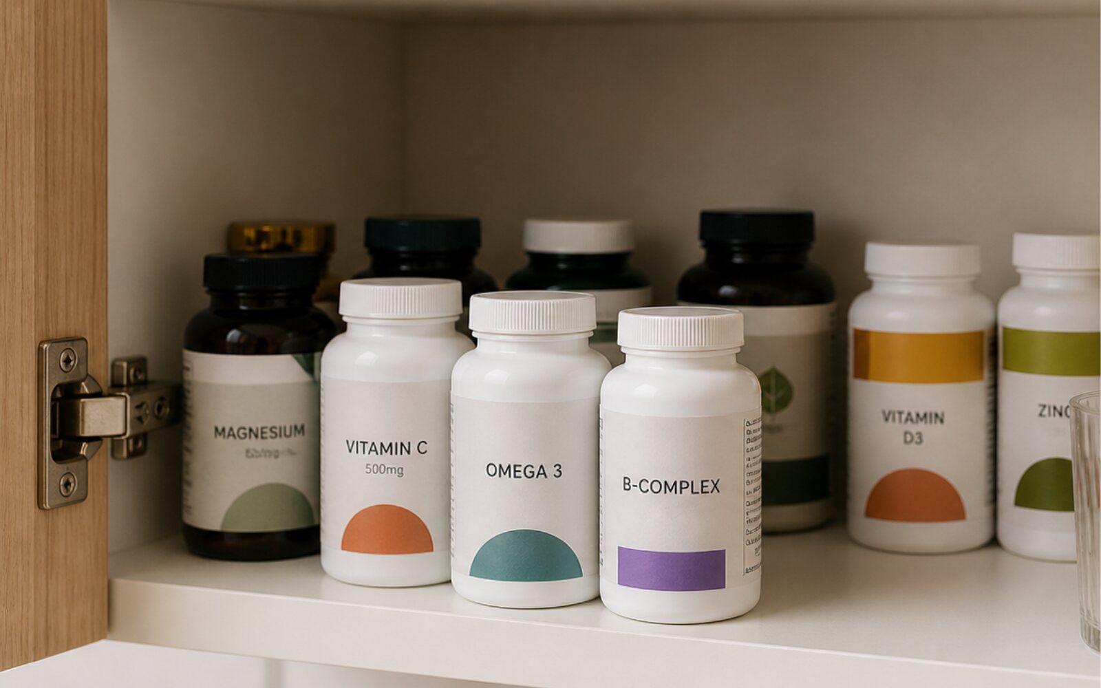 Tidy kitchen cupboard shelf with several generic vitamin bottles and supplements lined up, all generic looking and unpleasant