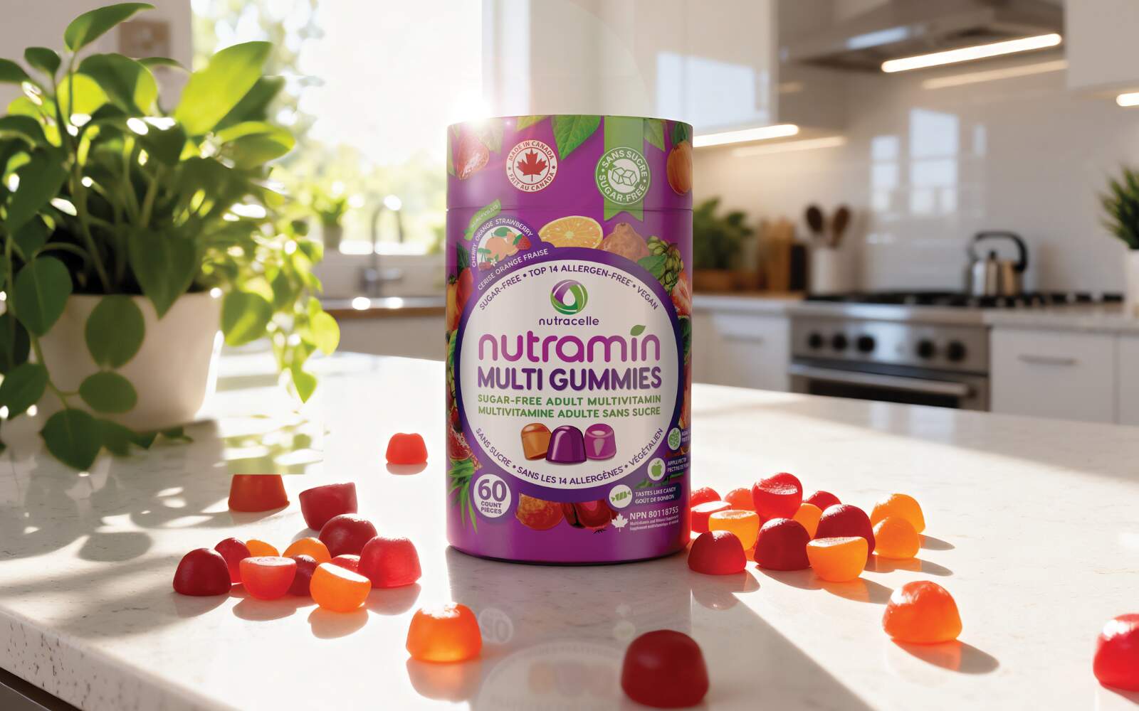 Nutramin Adult Multi Gummies bottle on a bright kitchen counter surrounded by colorful sugar-free gummy vitamins with natural sunlight and plants in the background.